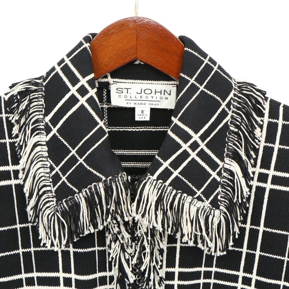 St. John Collection Fringe Trim Black White Windowpane Santana Knit Jacket 8 - Picture 3 of 7